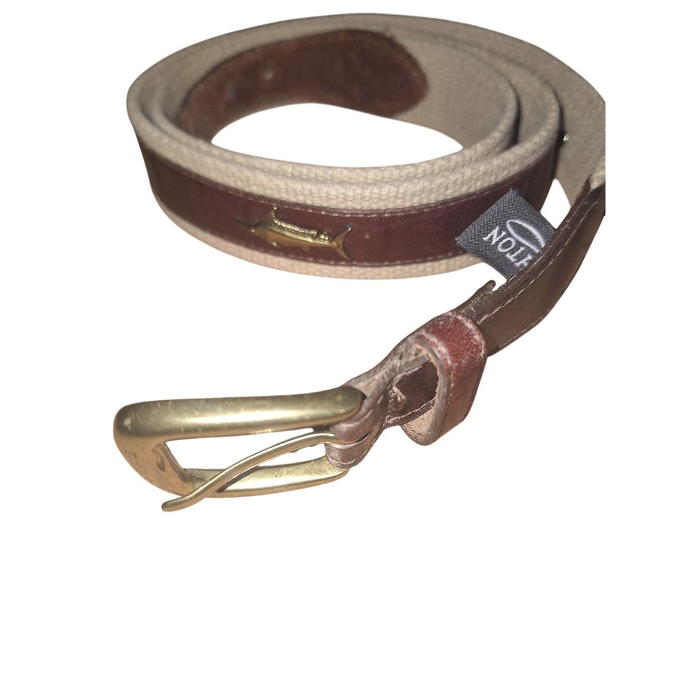 Brighton Mens 44 Belt Brown Leather‎ Tan Canvas Marlin Fish Nautical USA E6218